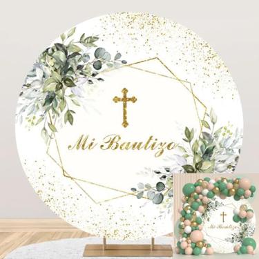 Imagem de Capa de fundo redonda Mi Bautizo de 2,2 x 2,2 m folha de eucalipto verde cruz cristã manchas douradas fundo circular para fotografia primeira comunhão batizado chá de bebê decoração de cabine de fotos