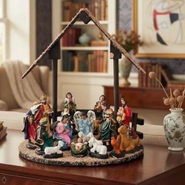 Imagem de Presépio de Natal Completo 16 Peças com Casinha - Majedoura - Presépios Natalinos - Sagrada Família - Enfeites de Natal, Decoração Natalina