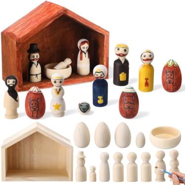 Imagem de Threehoney Bonecas de Natal para Presépio de Madeira Inacabada Artesanato de Pessoas com Casa de Madeira Tiras de Tintas Acrílicas DIY Artesanato para Decoração de Natal Religiosa Presente de Natal