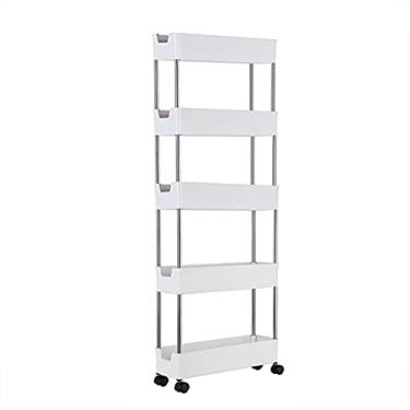 Imagem de OKPJFHS Rack de armazenamento deslizante de cozinha, organizador de prateleiras móveis branco com rodas universais, rack de armazenamento removível e fino para despensa para espaços estreitos (branco