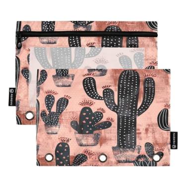 Imagem de Wassud Bolsa de lápis para fichário de 3 anéis, bolsa transparente com zíper liso, cacto preto, estojo para fichário, pacote com 2