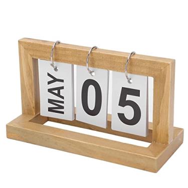 Imagem de Pssopp Calendário de Mesa Perpétuo de Madeira, Flip Chart Reutilizável Com Material de Carvalho Premium, Exibição Ajustável de Mês e Data para Decoração de Casa e Escritório