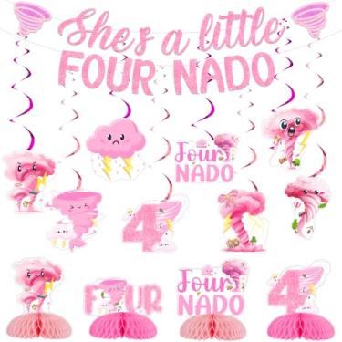 Imagem de Cheereveal Fournado Decorações de aniversário de 4 anos para meninas, faixa She is a Little Four Nado, centros de mesa em forma de colmeia de tornado, redemoinhos pendurados, material de festa de