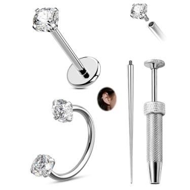 Imagem de CM Crareesi Mania Anéis de nariz de 20 g, argolas de aço inoxidável 316L, ferradura, piercing de nariz, roscado internamente, para lábios, hélice, tragus, cartilagem com ferramenta para agarrar