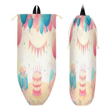 Imagem de xigua Suporte de parede para saco de plástico de fundo de feliz aniversário com cordão 1 pacote, organizador de sacolas de supermercado reutilizável para bolsas, meias, roupas íntimas e gravatas