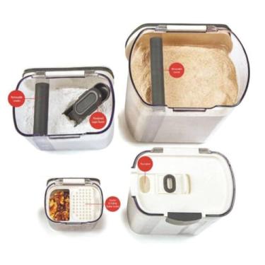 Imagem de Kit 4 Potes Herméticos de Plástico, Tampa Branca, Transparente, Armazenamento de Alimentos, Inclui Mini Dispenser, Açucareiro, Porta Grãos e Multi Dispenser