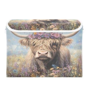 Imagem de CEBUGI Caixotes de armazenamento com tampas, caixa de armazenamento de tecido dobrável, caixas organizadoras de cubo de vaca Highland para prateleiras de armário de casa e quarto, 40 x 30 x 30 cm