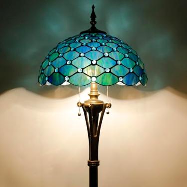 Imagem de L-Juicwe Luminária De Chão Tiffany, Vitral Azul-Marinho, Perolado, Luz Leitura Pé, 16X16X70" (40X40X180 Cm), Decoração Canto Para Quarto, Escritório E Sala Estar