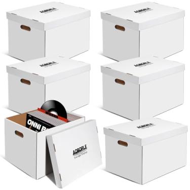 Imagem de AOBOPLE Pacote com 6 caixas de disco de vinil, caixas de armazenamento de discos de vinil de 30 cm com tampa e alça, comporta até 90 discos de 30 cm cada, caixa de papelão para discos, valiosa coleção