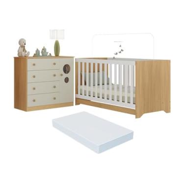 Imagem de Berço Americano 3 em 1 com Colchão Incluso e Cômoda 1 Porta 4 Gavetas Pirulito Multimóveis Mp4715 Madeirado/off White