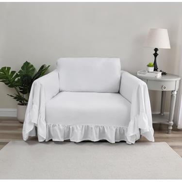 Imagem de Castle Selection Capa de sofá de linho rústico com alças, protetor completo para sofá, durável, borda com babados (branca, cadeira)