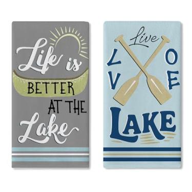 Imagem de Croar Life is Better at The Lake Conjunto de 2 panos de prato de cozinha, Live Love Lake House Boat Paddle Sun Drying Toalha de mão pano de cozimento, Lakeside Farmhouse banheiro decoração de casa
