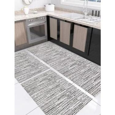 Imagem de Kit Passadeira Cozinha 3 Tapetes Poliester Antiderrapante(Modelo M8 Risco Preto)