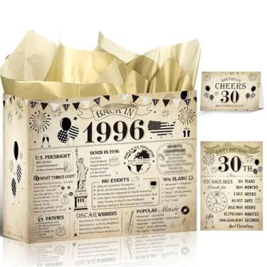 Imagem de Wxiben Bolsa de presente de aniversário de 30 anos – Decorações de aniversário de 30 anos para mulheres e homens, saco de embrulho vintage com alças de papel de seda, pôster de cartão comemorativo, de