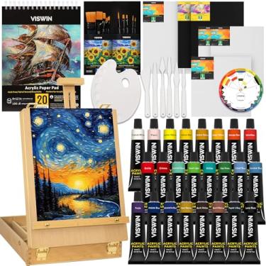 Imagem de VISWIN Conjunto de 62 peças de tinta acrílica com caixa de cavalete, kit de pintura com 24 tintas acrílicas, telas, pincéis, paleta, bloco de papel, materiais de arte, conjunto de arte de presente
