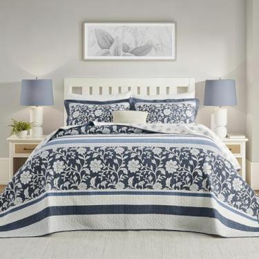 Imagem de CozyStitch Colcha King leve 304,8 cm x 304,8 cm - 100% algodão reversível grande colcha king com 2 fronhas, conjunto de colcha de cama acolchoada listrada floral, azul/branco, 3 peças