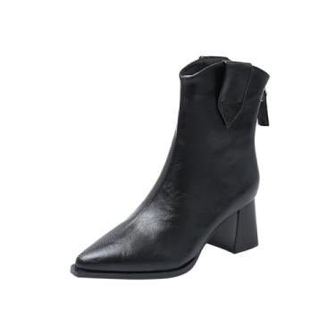 Imagem de Botas femininas de salto grosso, bico fino, design de cor sólida, botas forradas confortáveis, Preto, 34