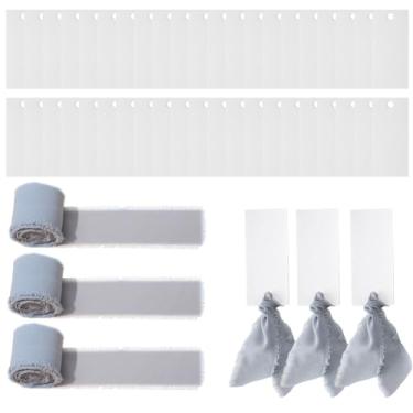 Imagem de YAFIYGI 50 peças de cartões de casamento para configuração de mesa, etiquetas de nome em branco com fita azul empoeirada, placas personalizadas rústicas para tabelas de assentos, jantares, banquetes