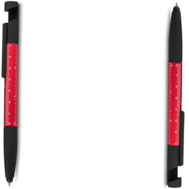 Imagem de Caneta Esferográfica Metálica com Touch, Bambu com Detalhes Cinza Fosco, Escrita Azul 0.7mm, Limpador de Tela e Régua Integrados (Kit 2 Vermelho)