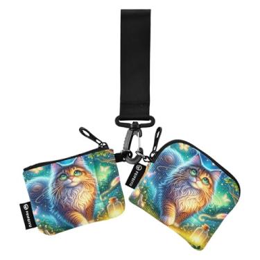 Imagem de Mandala flores azul-petróleo turquesa chaveiro carteira de pulso com zíper ao redor carteira feminina bolsa dupla carteira feminina cartão carteira, Cat Enchanted Forest, one size