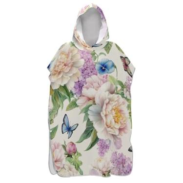 Imagem de Poncho de surfe trocador de roupão para banho de praia Adul toalhas com capuz plus size homens mulheres poncho com capuz floral creme peônias coloridas
