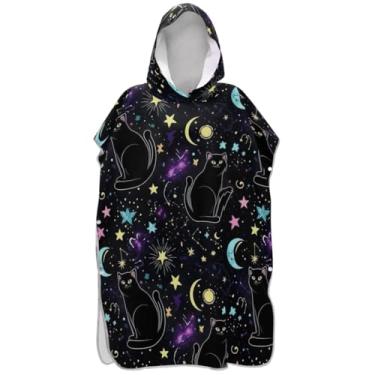 Imagem de Joisal Roupão reutilizável para troca de poncho de surfe para adultos toalha de banho com capuz gato fofo lua preto unissex poncho adulto com capuz
