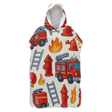 Imagem de Poncho de surfe para adultos trocador de roupão com capuz toalha de natação bonito vestível bonito desenho animado caminhões de bombeiros vermelho ponchos femininos com capuz
