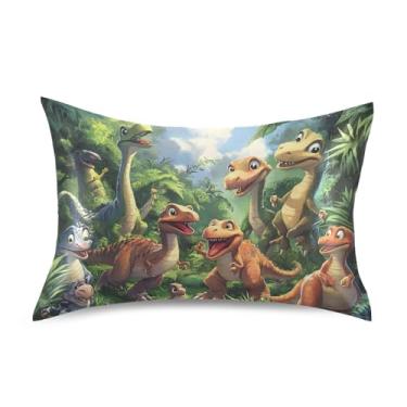 Imagem de Fronhas divertidas de dinossauros pré-históricos de cetim da floresta refrescante, roupa de cama extra macia, personalizada, King Queen, capas de almofadas padrão tamanho padrão 66 x 50 cm