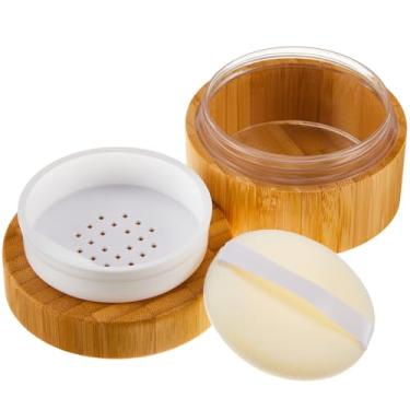 Imagem de Frienda Pote de pó solto de bambu de 50 ml e recipiente vazio para maquiagem corporal e rosto estojo compacto com tampas de peneira e puff