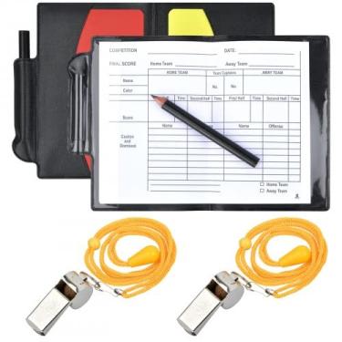 Imagem de Conjuntos de cartas de árbitro de futebol, 2 apitos de treinador de aviso de metal e conjunto de cartões vermelhos e amarelos, jogos esportivos de cartas vermelhas amarelas com livreto, conjunto de