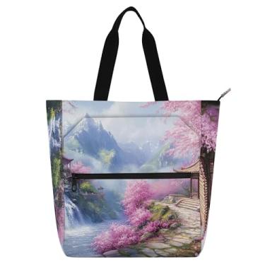Imagem de Bolsa de mão rosa com paisagem de cerejeira para mulheres, crianças, escola, trabalho, floral, média, zíper