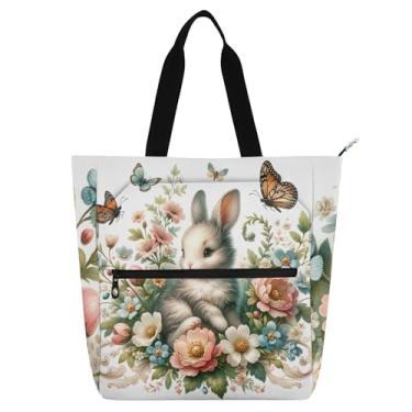 Imagem de GAIGEO Bolsa de trabalho floral de coelhinho da Páscoa para mulheres, bolsa escolar de lona, bolsa para professores, presente para amantes de livros