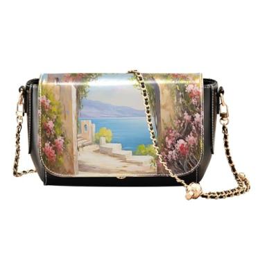 Imagem de Bolsas transversais de couro com arco paisagens em formato de jardim para mulheres modernas, bolsa de ombro moderna, bolsas transversais de couro, Pintura de praia com flores rosa - 2, One Size