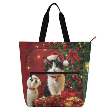 Imagem de Sacola de Natal com chapéu de Papai Noel, preto, branco, gato, cachorro, para crianças, mulheres, zíper, lona, escola, trabalho, bolsa, presente