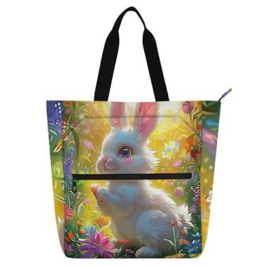 Imagem de GAIGEO Sacola feminina de coelho branco com flores de coelho para trabalho, praia, escola, presente diário para amantes de livros