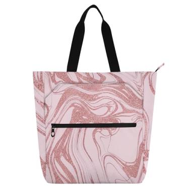 Imagem de Sacola elegante rosa marmorizada rosa macia para mulheres crianças com zíper livro médio bolsa de trabalho escolar reutilizável presente
