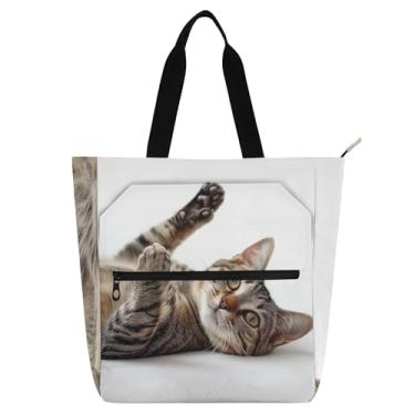 Imagem de Bolsa de trabalho com estampa de gato malhado para mulheres, bolsa escolar de lona com zíper, bolsa mensageiro, presente para amantes de livros