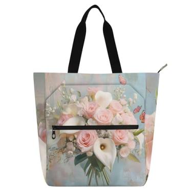 Imagem de Sacola feminina com buquê pastel de rosas rosas para trabalho, faculdade, escola, bolsas utilitárias, bolsas de escritório, presentes para amantes de livros