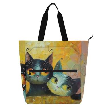 Imagem de GAIGEO Sacola feminina para pintura de desenho animado de gatos, bolsas de tecido de lona para trabalho, faculdade, escola, viagem, com compartimentos