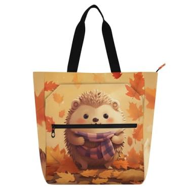 Imagem de Adorável bolsa de ouriço com folhas de outono para crianças e mulheres, trabalho, escola, zíper, bolsa de ombro, presente para amantes de livros