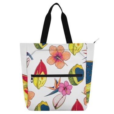 Imagem de GAIGEO Sacola feminina havaiana com frutas tropicais e flores, bolsa de lona para livros de praia com zíper, bolsas femininas infantis com compartimentos