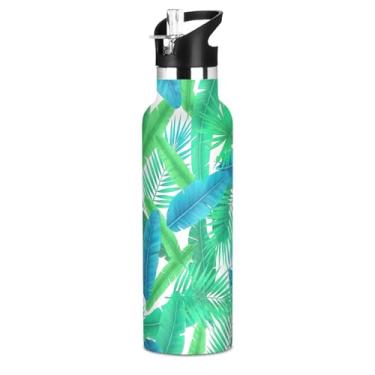 Imagem de Joisal Garrafas de água isoladas de 590 ml com tampa e alça de palha, garrafas de água esportivas à prova de vazamento, copos infantis de aço inoxidável sem BPA, folhas tropicais verde azul