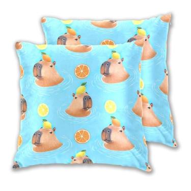 Imagem de Joitme Conjunto de 2 capas de almofada de animais azuis capivaras divertidas, capas de almofada de sofá fofas, almofadas modernas para sofá, 50 x 50 cm, 2 peças