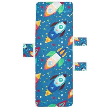 Imagem de Capa de espreguiçadeira azul com desenho animado foguete colorido toalha de cadeira toalha de praia com bolso superior ajustado espreguiçadeira costeira 215,9 cm x 76,2 cm