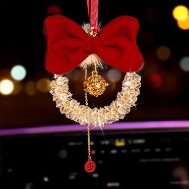 Imagem de Lagnlnaoy Ornamento de cristal para pendurar no carro com laço vermelho, bola pendente de ouro, presente decorativo de espelho retrovisor para presentes de mãe e irmã