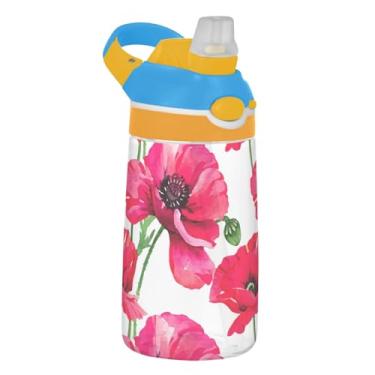 Imagem de Garrafa de água infantil branca flor vermelha aquarela para escola, 473 ml Tritan 473 ml garrafa de água esportiva com canudo, copo infantil reutilizável à prova de vazamento, alça de transporte