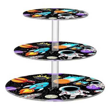 Imagem de Suporte de cupcake de 3 camadas de acrílico para festa de chá, suporte de sobremesa, bandeja de servir comida, estampada, astronautas, planeta, estrela de foguete