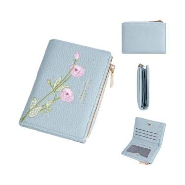 Imagem de Carteira Feminina Tri-Fold Com Bordado Floral 3D, Proteção RFID, Compa