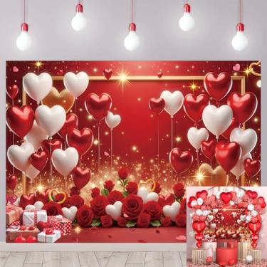 Imagem de Pano de fundo vermelho para o dia dos namorados, corações e balões de amor, ursos florais de rosas vermelhas, glitter, fundo fotográfico, casamento, aniversário, decoração de festa dos namorados