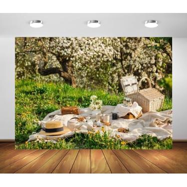 Imagem de Pano de fundo de piquenique, 3 x 2,4 m, tecido de poliéster, grama, prado, cerejeiras, fundo, família, ao ar livre, piquenique, acampamento, churrasco, festa, decoração, banner, estúdio fotográfico